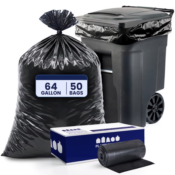 Plasticplace 64-65 Gallon Trash Can Liners for Toter │ 2.0 Mil │ Black Heavy Duty Garbage Bags │ Rolls │ 49” x 59” (50 Count)