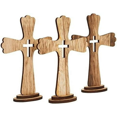 3 Pack Catholic Wooden Cross Baptism Centerpieces & Decorations for Boys & Girls - 6 x 9 in Brown Rustic Wood - First Communion Table Centerpieces