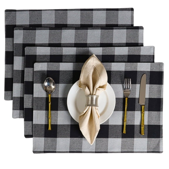 Native Fab Cotton Placemat 13x19 inches, Heat Resistant, Buffalo Plaid Placemats Set of 4, Decorative Reversible Check Pattern Placemats for Dining Decor, Kitchen, Black and Grey