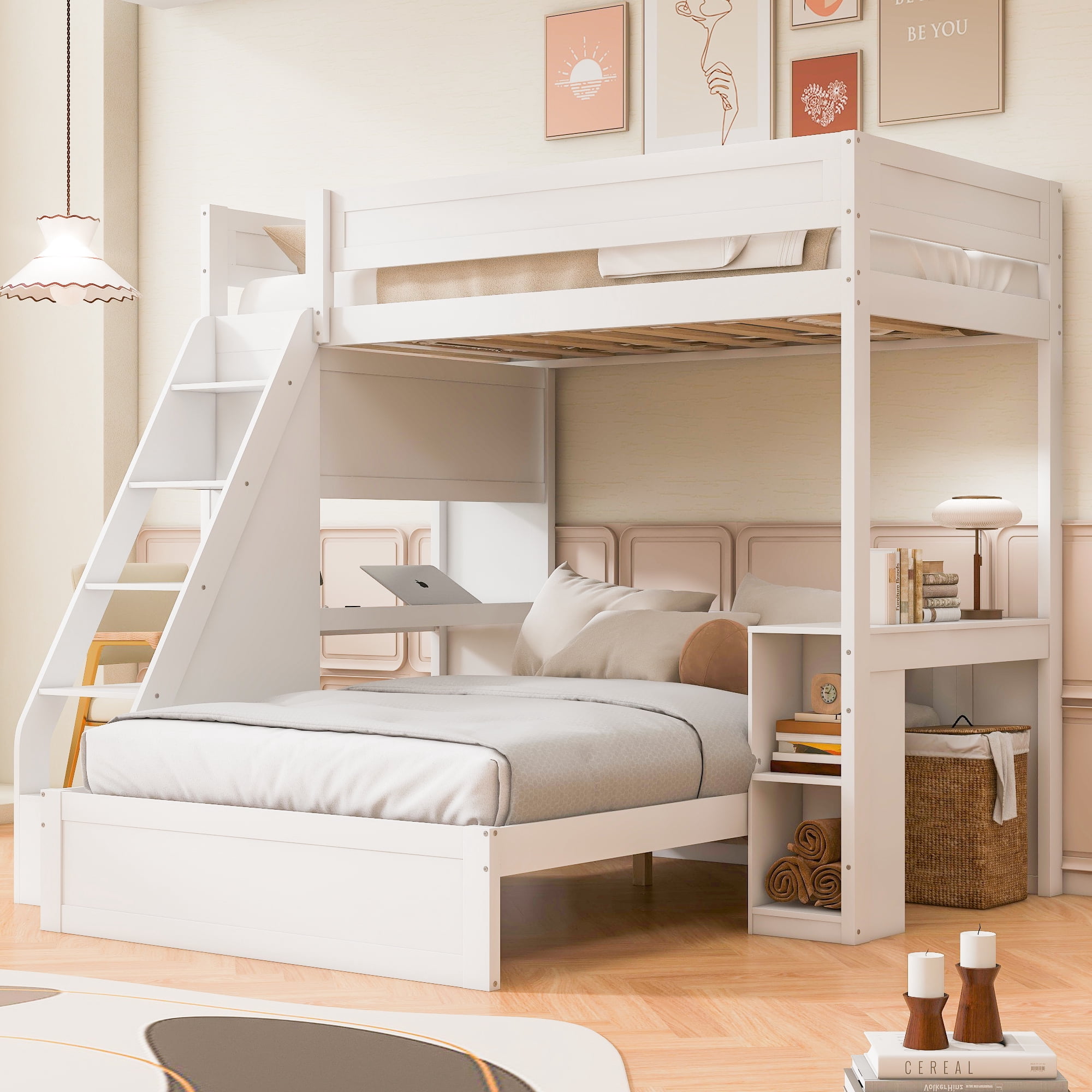 Euroco Wood Twin XL over Full Bunk Bed with Desk, Storage Bed with Shelves and USB Ports, White