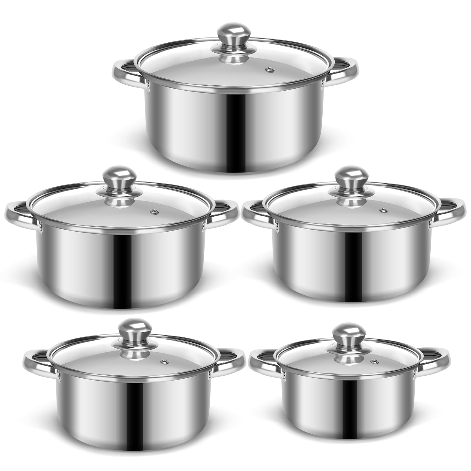 SSAWcasa Cookware Set, Stainless Steel Soup Pots with Glass Lids, Pasta Pot Stock Pot Cooking Pot for All Stoves, Dishwasher Safe - 10 Pieces Set, Silver