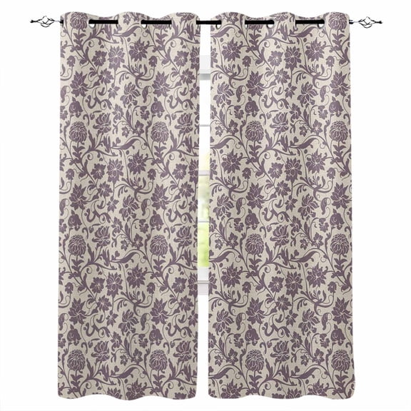 Purple Floral Blackout Curtains for Bedroom/Living Room, Thermal Insulated Kitchen Curtains, Spring Plants Flowers Vintage Rustic Grommet Darkening Window Treatment Drapes 27.5"x39"x2
