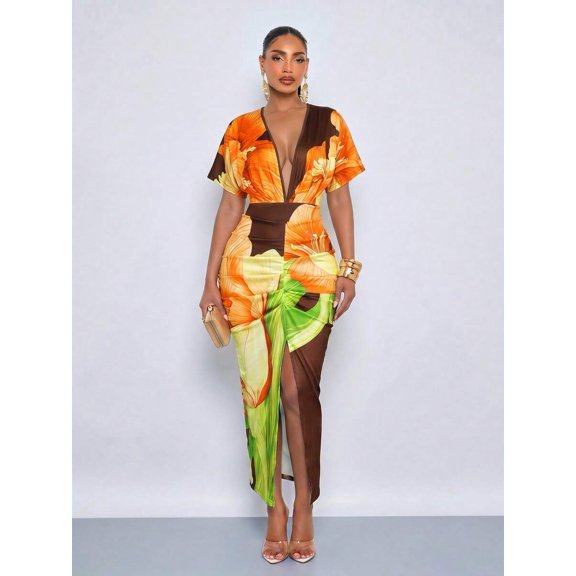 Womens Brown Lily Print Deep V-Neck Maxi Dress With Side Slit And Ruched