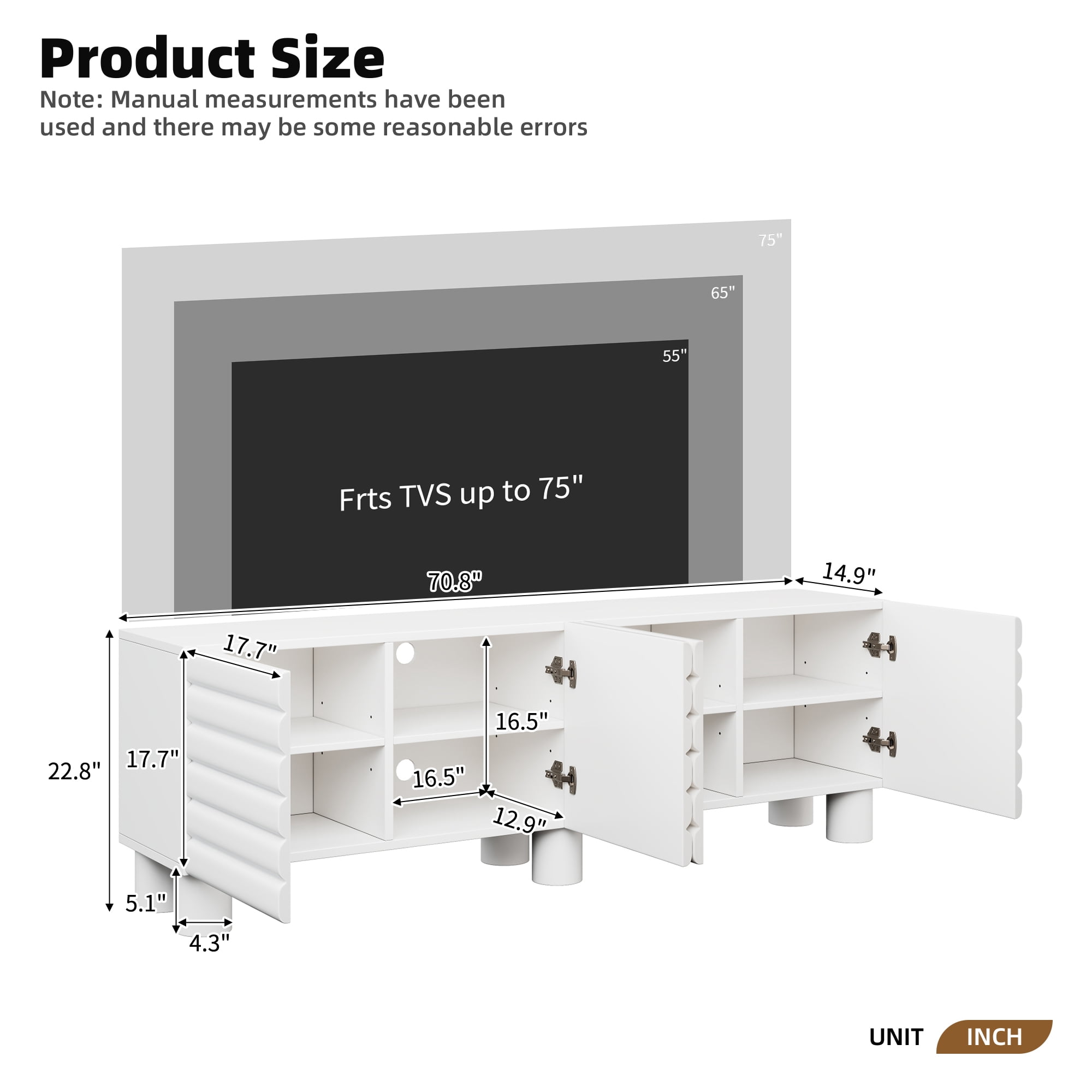Miniyam Stylish Thick Wavy Door TV Cabinet with Adjustable Shelves & 4 Cabinets for TVs Up to 75", Solid Media Console with Cylindrical Legs and Cable Holes for Living Room, White