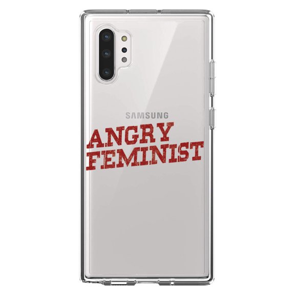 DistinctInk Clear Shockproof Hybrid Case for Galaxy Note 10 PLUS (6.8" Screen) - TPU Bumper Acrylic Back Tempered Glass Screen Protector - Angry Feminist