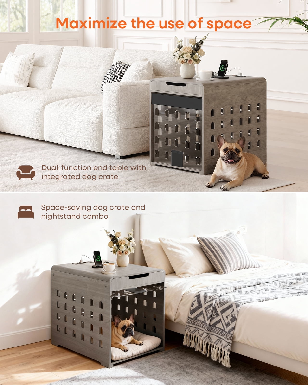 Furnibear Modern Dog Crate Furniture with Charging Station, Multifunctional Side End Table Indoor Kennel with Hidden Door for Small Dogs Breeds up to 45lb,Gray
