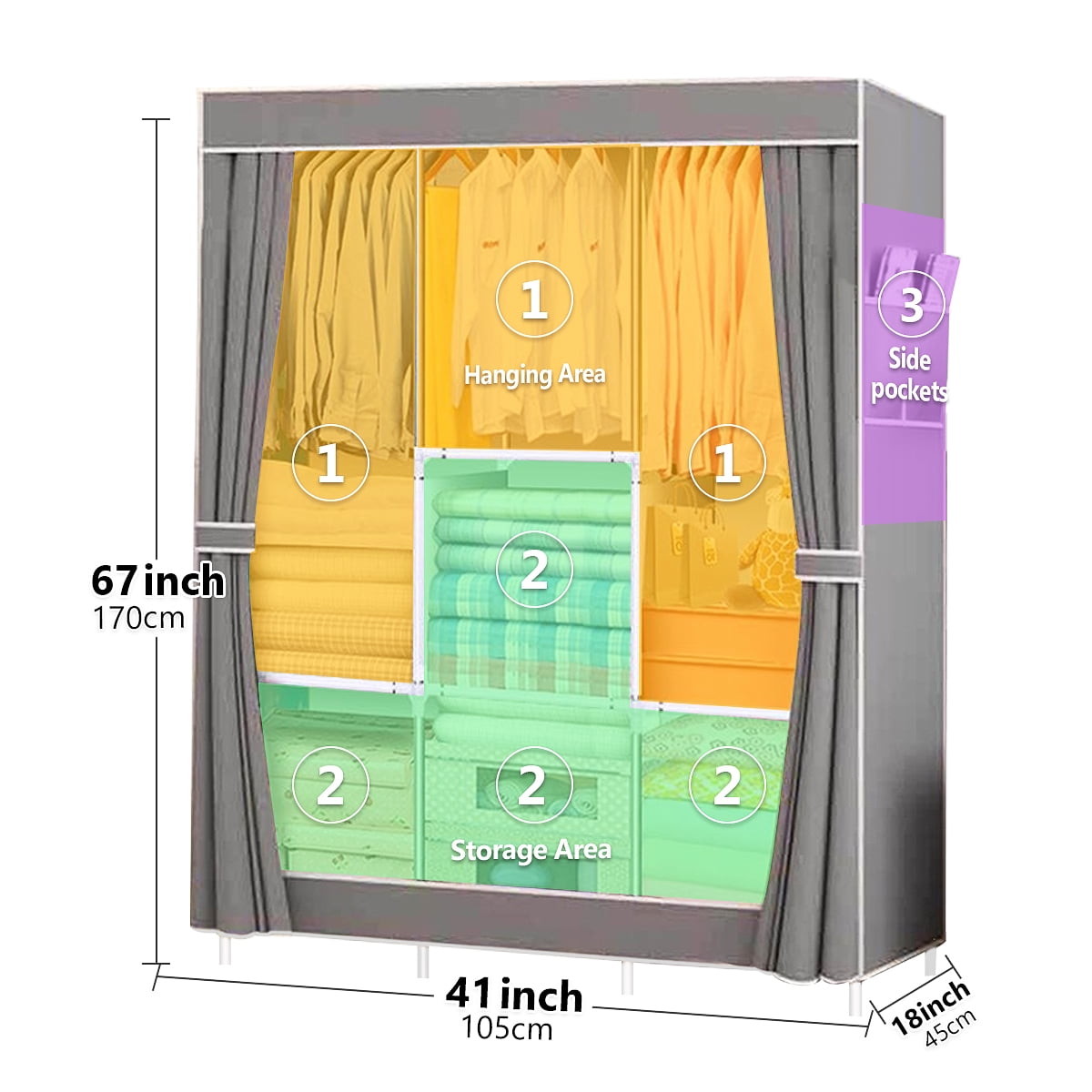Portable Closet with 3 Hanging Rod Closet Organizer Clothes Rack with 7 Shelves, 65*41 Inch Portable Wardrobe with Waterproof Cover Clothes Storage Organizer for Bedroom Closet