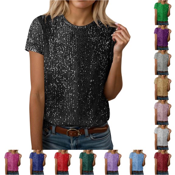 XIAONU Summer Sequin-Embellished T-Shirt for Women Crew-Neck Short-Sleeve Night-Out Party Casual Tee