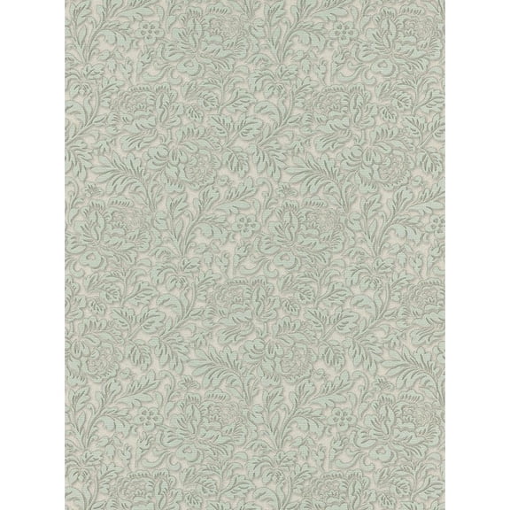 Concord Wallcoverings Textured Wallpaper Damask Featuring Flowers Leaves, Silver Green, 21 In x 33 Ft (56 sq. ft), 578424