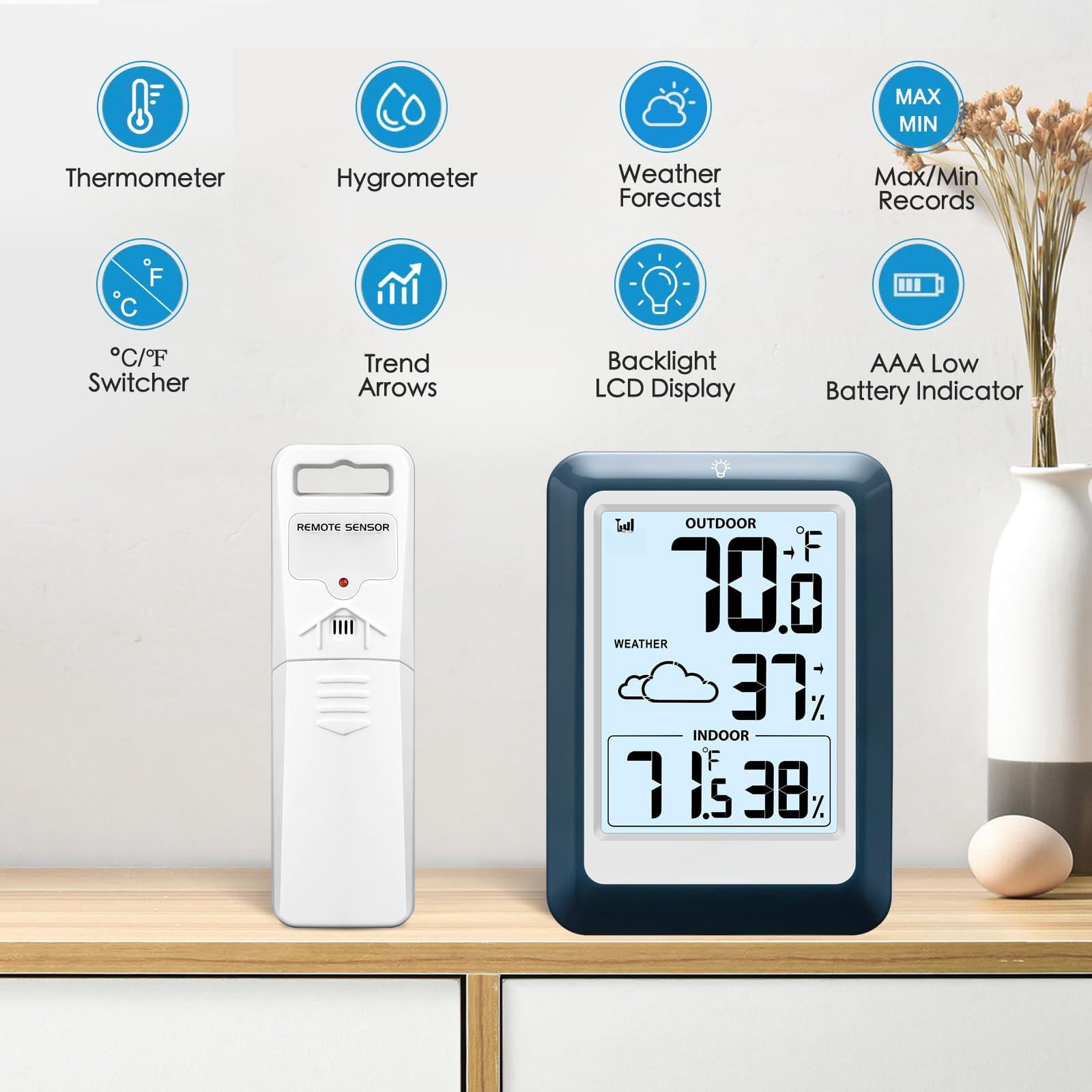 Indoor Outdoor Wireless Weather Station  Internal External Hygrometer Home Batteryoperated Temperature Humiditymonitors330 Feet (about 100 Meters) Backlight Display (blue)