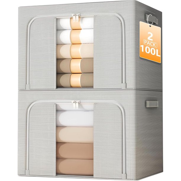Bolsas de Almacenamiento de Ropa: 2 Pcs Caja de Almacenamiento Plegable - Organizador de Closet Gran Capacidad con Ventana Transparente y Mango Resistente (Gris)