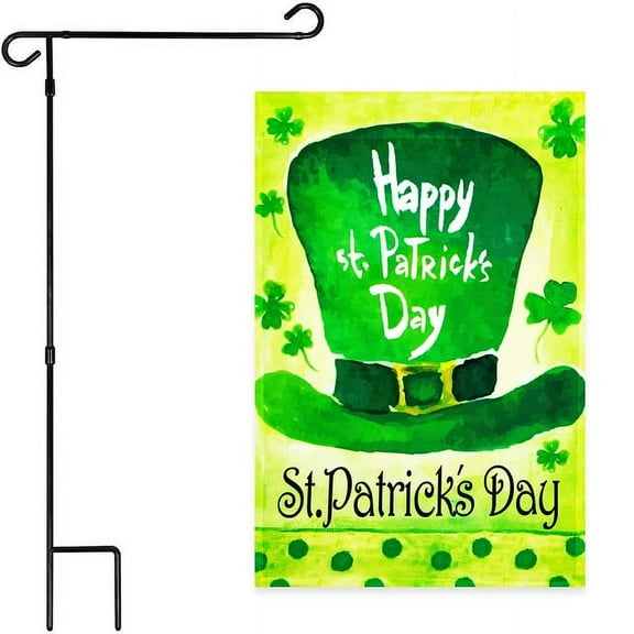 G128 Combo Pack: Garden Flag Stand Black 36x16IN & Garden Flag Happy St. Patrick's Day Leprechaun Hat 12x18IN