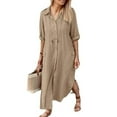 thumbnail image 4 of Elainilye Fashion Dresses for Women 2024 Summer Casual Turn-down Collar Buttons Solid Long Sleeve Button Long Dresses,Brown, 4 of 7