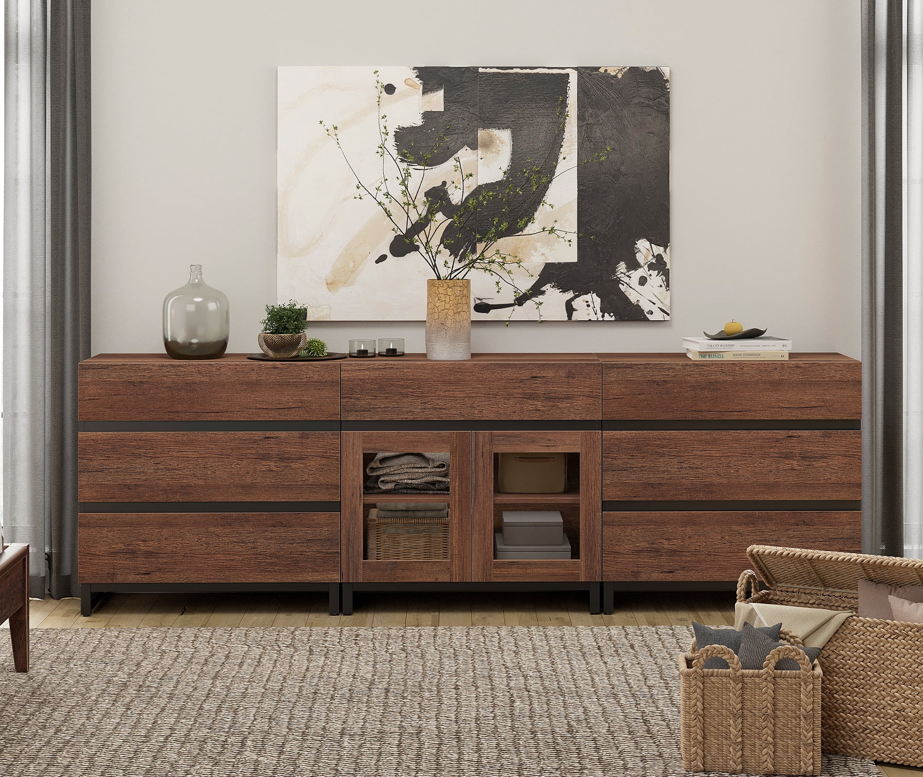 3 In 1 Dresser with Glass Doors & 7 Drawers, Modern Storage Chest with Adjustable Shelf and Metal Base, Multi-purpose Bedroom Closet Organizer Cabinet,Brown