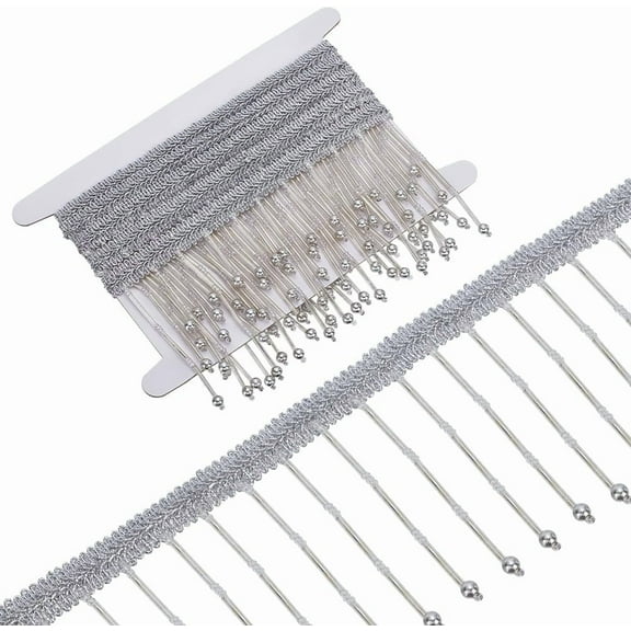 2.2 Yards Light Grey Glass Seed Bead Fringe Tassel Trim 4-1/8 inch Fibre Ribbons Tassel Trim with Hanging Bead Tassel Trim for Sewing Wedding Bridal Dress Sash Belt Headwear Curtain 1set