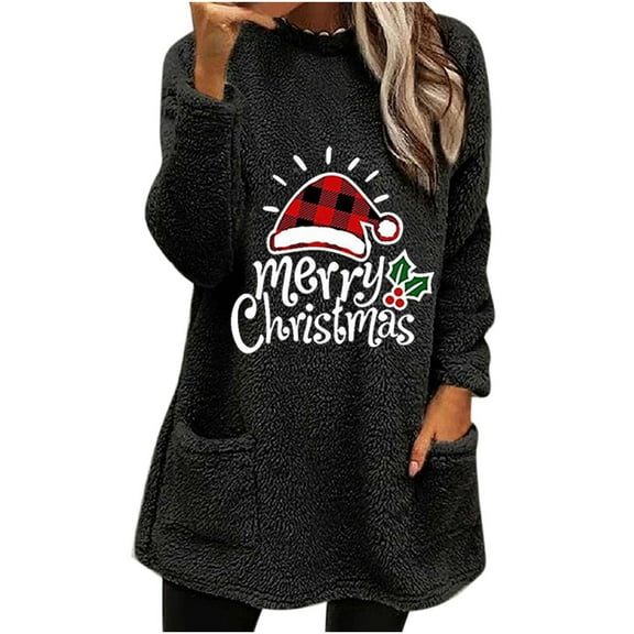 Patlollav Christmas Tops for Ladies,Womens Winter Tops Round-Neck Loose Pocket Warm Long Sleeve Blouse Gift