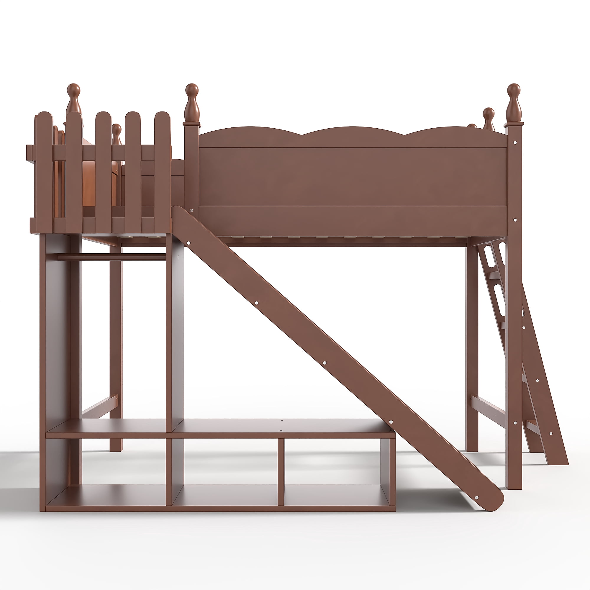 Leumius Twin Loft Bed Frame with Storage Shelves and Wardrobe, Solid Wood Loft Bed with Detachable Slide and Ladders for Kids Teens Adults Deep Natural
