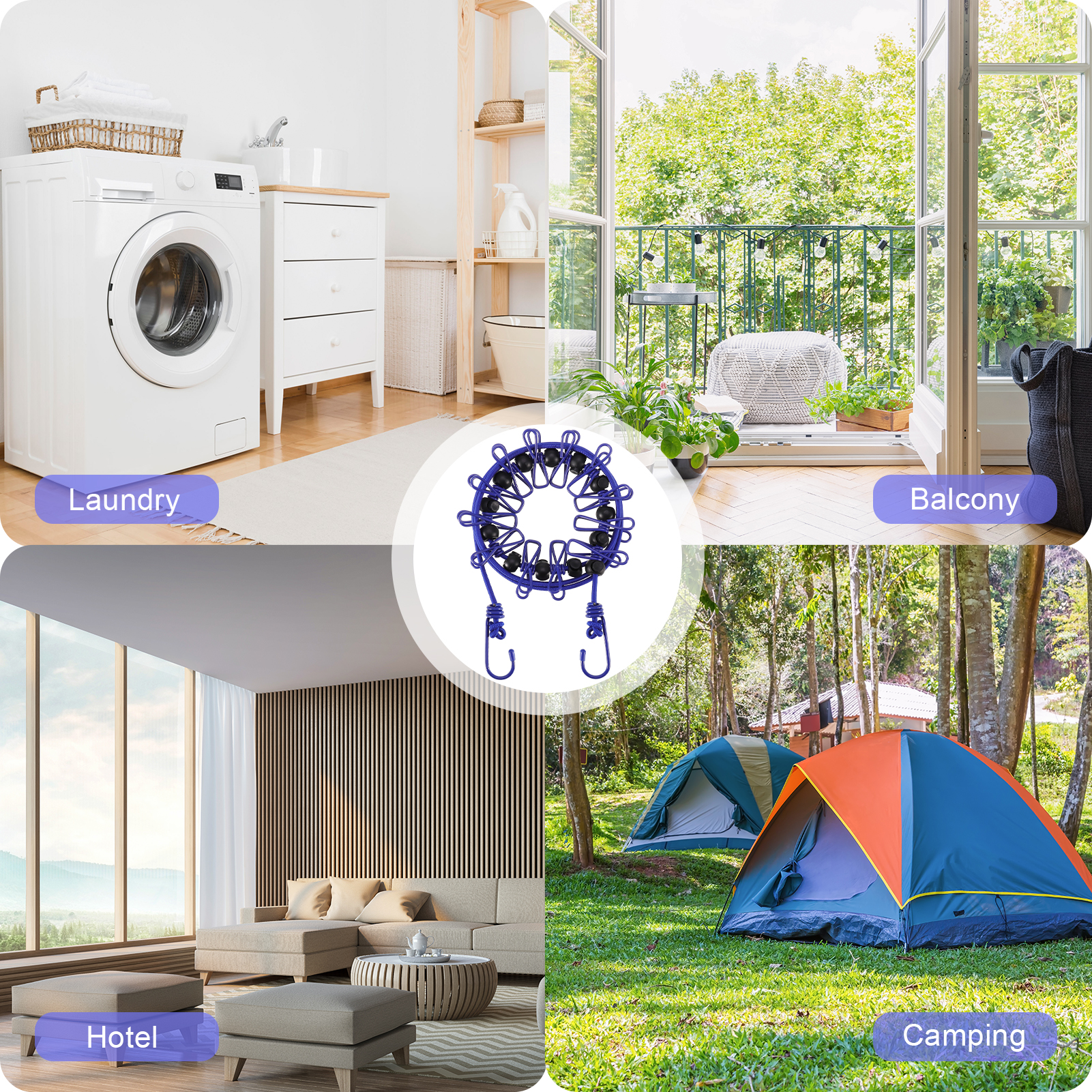 Hengguang 2 Pack Portable Clothesline with 12 Clothespins, Windproof Travel Clothesline Stretchy Retractable Elastic Laundry Clothes Line for Backyard, Vacation Hotel, Balcony Clothes Drying Line