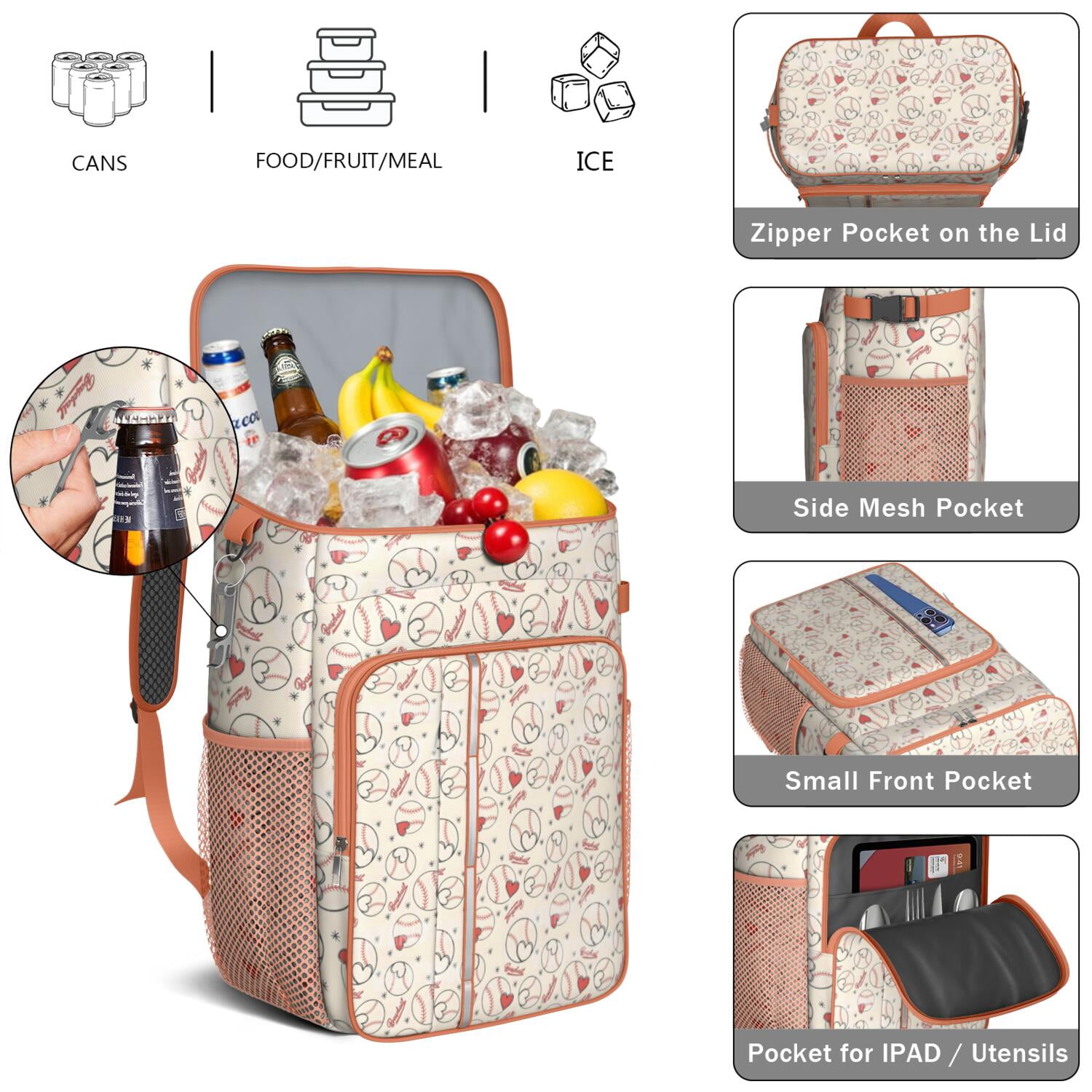 Travel Cooler Bag - Baseball Heart Pattern Camping Beer Cooler Backpack with Bottle Opener- Waterproof Insulated Picnic Backpacks - Cooler Bag for Beach