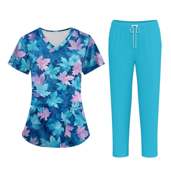 Medical Scrubs Set for Women Cute Print Scrub Top and Cargo Pants with Stretch Nursing Quick Dry Uniform Suits