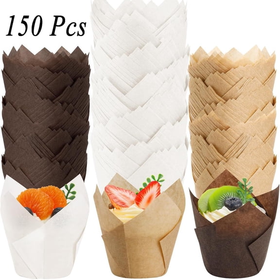 KOYPTL 150 Pcs Standard Size Tulip Cupcake Liners Food-Grade Parchment Paper Baking Cups Greaseproof Muffin Wrappers for Birthday Wedding Holiday Party Christmas