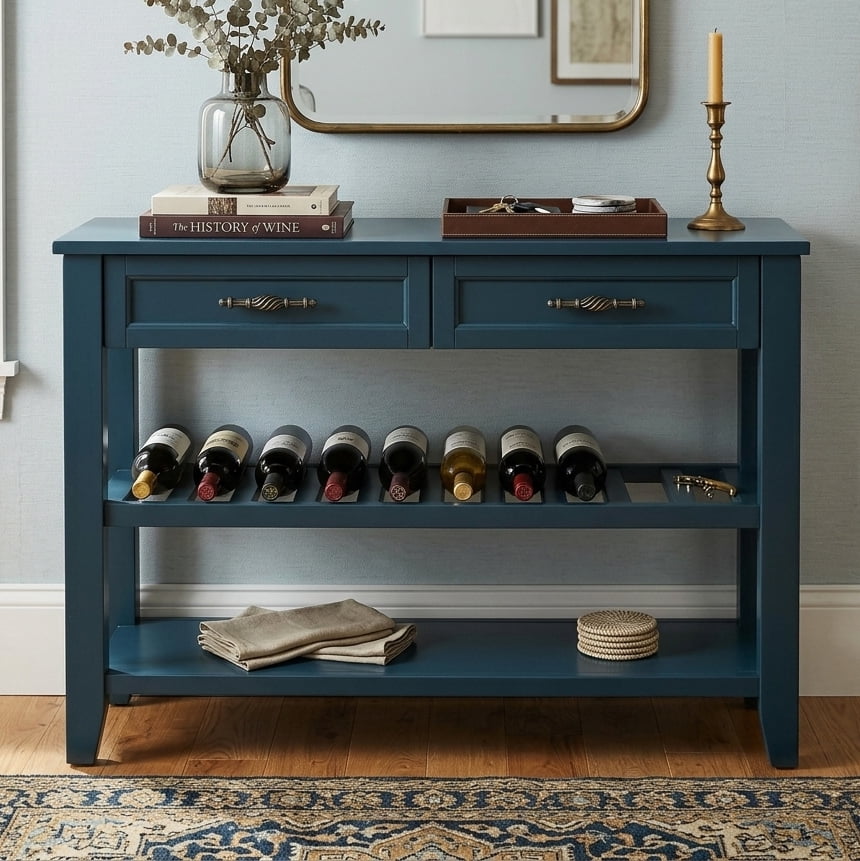 Aukfa 42" Console Table with 2 Drawers, Entryway Sofa Table for Living Room, Long Wooden Hallway Side Table,Navy Blue