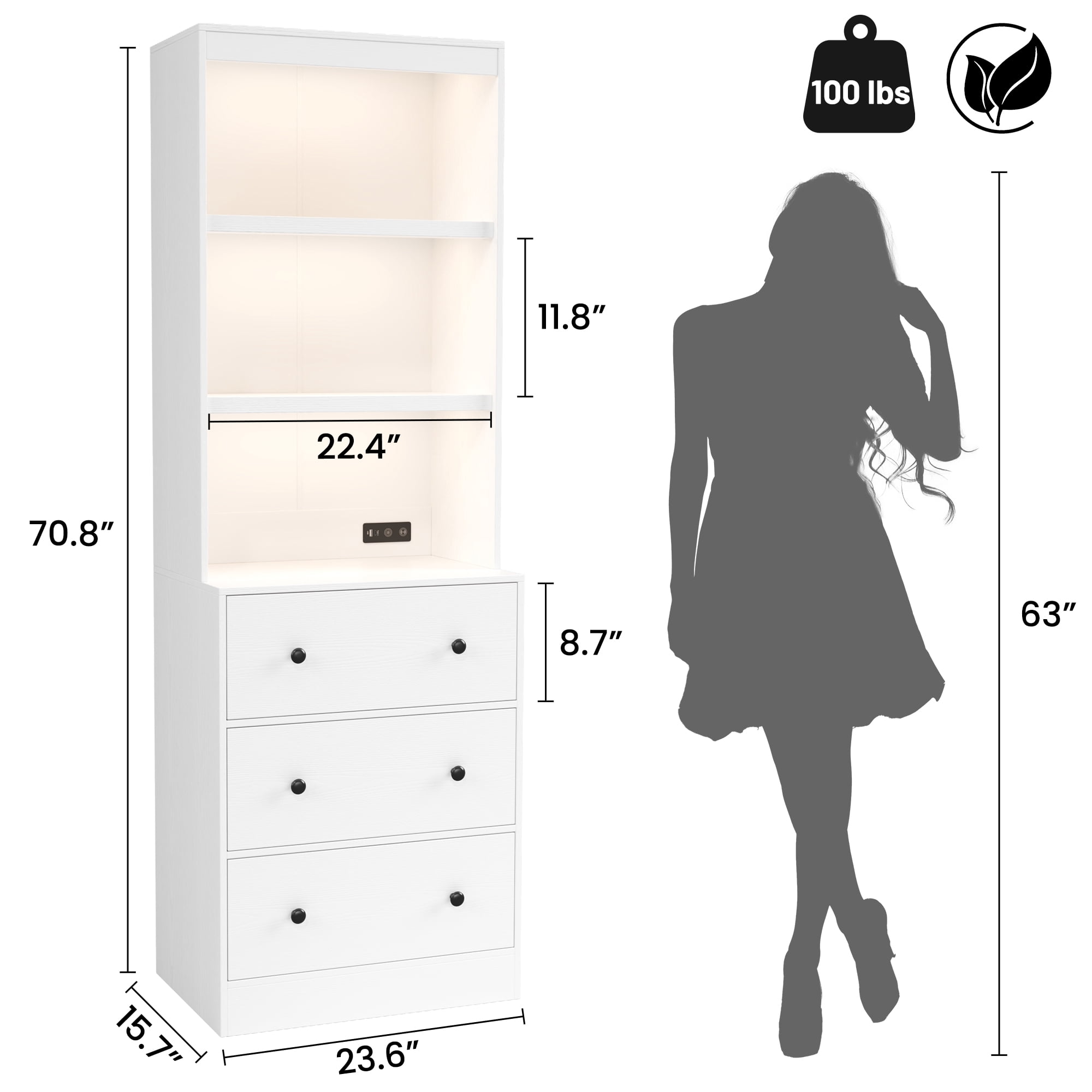 IDEALSOUL 71” Tall Bookshelf with Drawers, White Wooden Bookcase with Charging Station & LED Lights, Freestanding Display Cabinet with Shelves & Large Storage Space for Living Room, Office, Bedroom