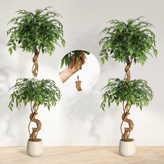 5FT Artificial Ficus Tree with Curved Trunk, 1449 Silk Leaves & White Planter Pot, Indoor Faux Plant with Moss, UV Resistant Fake Tree for Home Office Living Room Decor, Tall Artificial Plants