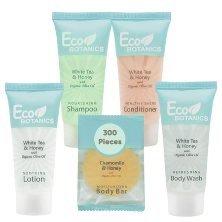 Eco Botanics Hotel Soaps and Toiletries Bulk Set | 1-Shoppe All-In-Kit Amenities for Hotels | 0.85oz Hotel Shampoo & Conditioner  Body Wash  Body Lotion & 0.89oz Bar Soap Travel Size | 300 Pieces