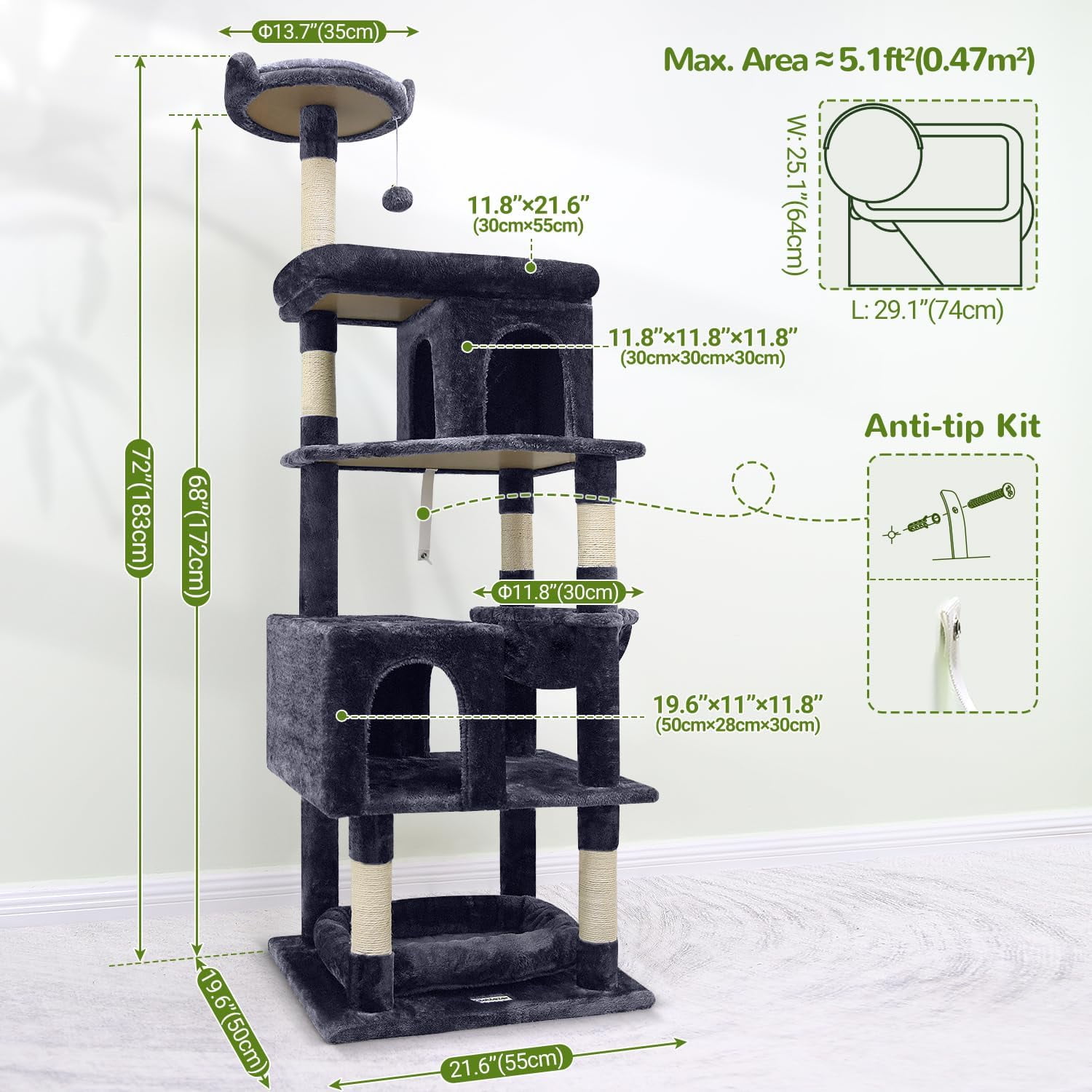Sturdy 72" Heavy Duty Cat Tree for Large Cats 20 lbs+ with 6 Scratching Posts & Hammock, CT73S, Dark Gray