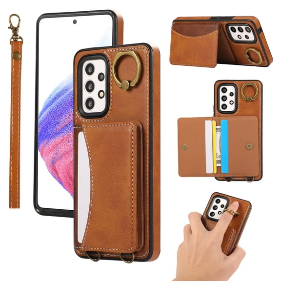 for Samsung Galaxy A32 5G Wallet Case with Card Holder - PU Leather Case for Women & Girls, Wrist Hand Strap, Secure Finger Ring, Shockproof Protective Phone Cover for Galaxy A32 5G, Brown