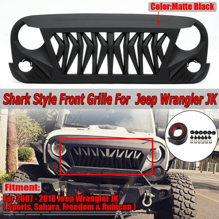 For 2007-2018 Jeep Wrangler JK JKU Shark Grille Matt Black ABS Unlimited Rubicon(Instruction Not