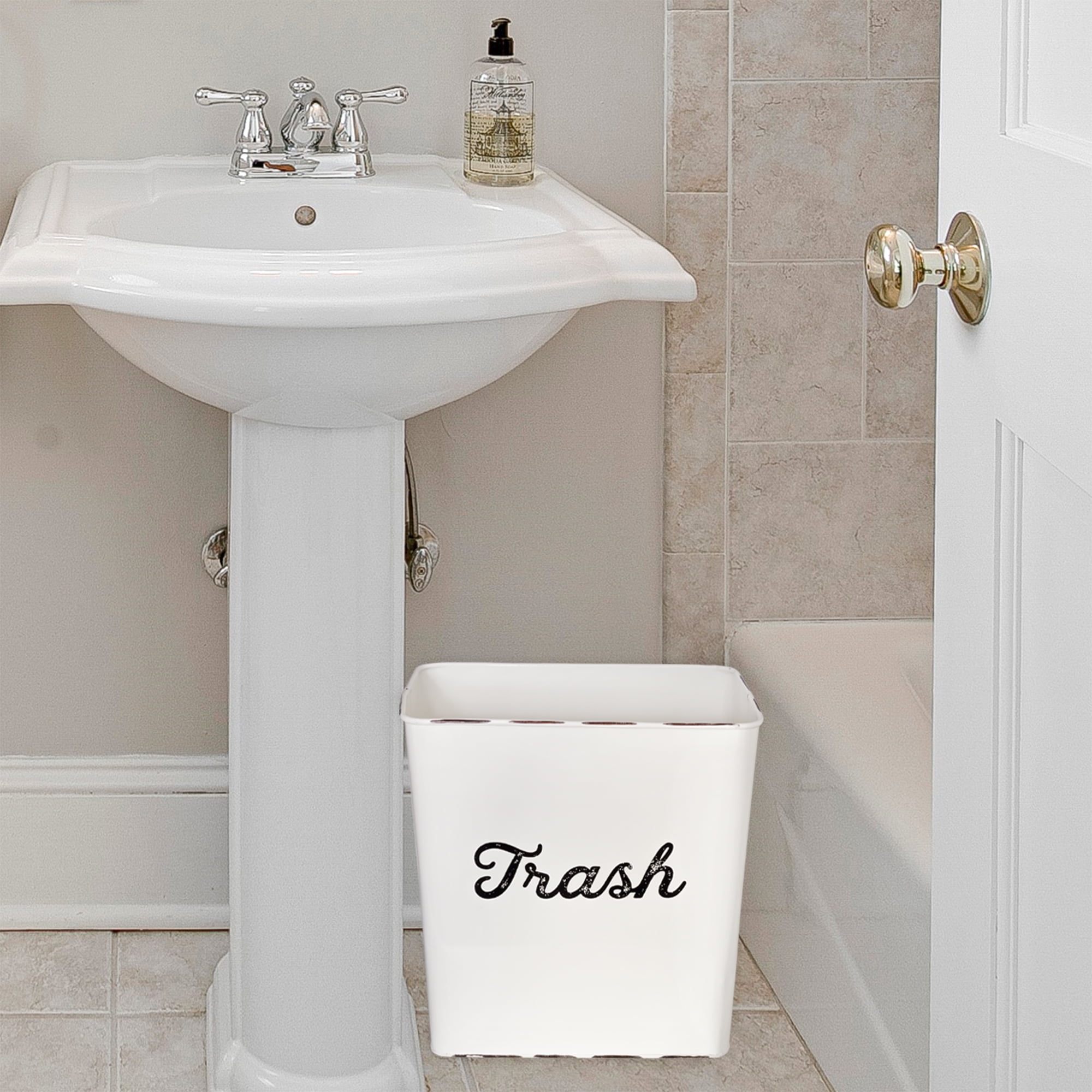 AuldHome Design White Enamel Trash Can, Rustic Farmhouse Wastebasket for Bathroom, Bedroom, or Office