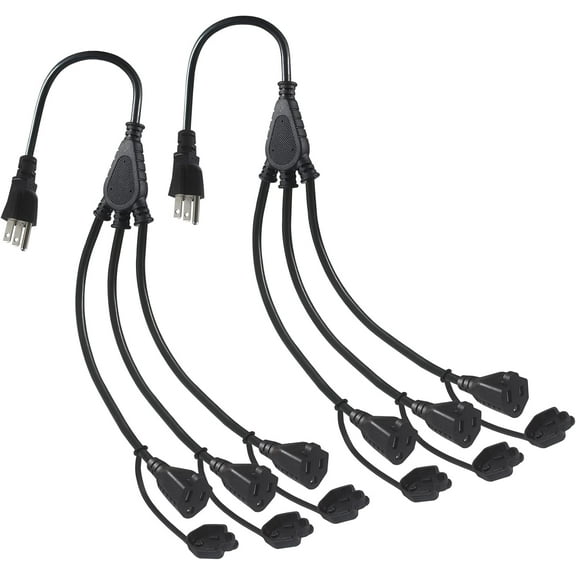 3-Outlet Power Splitter Cord, 1 to 3 Way Outlet Indoor & Outdoor Use Weatherproof SJTW 16AWG 3 Prong Grounded Extension Cord with Multiple Outlets for Landscape String Lights (1.5FT 2-Pack)