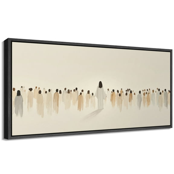Large Framed Canvas Print People Standing in Line Overlooking Wall Art Decorative Ready to Hang Painting for Living room Bedroom - 60"x30" Black Frame