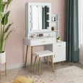 thumbnail image 3 of Stylish Vanity Set with Sliding 3-Color LED Bulbs Lighted Mirror, Minimalism Dressing Table with Hidden Storage Cabinet and Bedside Table, 2 Drawers, 3 Shelves, Dressing Stool, 3 of 6