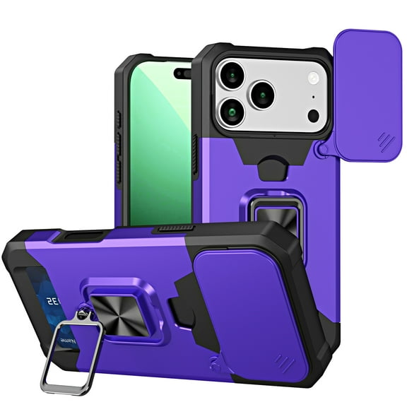 TECH CIRCLE for iPhone 17 Pro Max Hybrid Rugged Case with Slide Camera Cover, Military Drop Protection Cover with Ring Stand & Card Holder, Shockproof Magnetic Drop Protective Cover,Purple