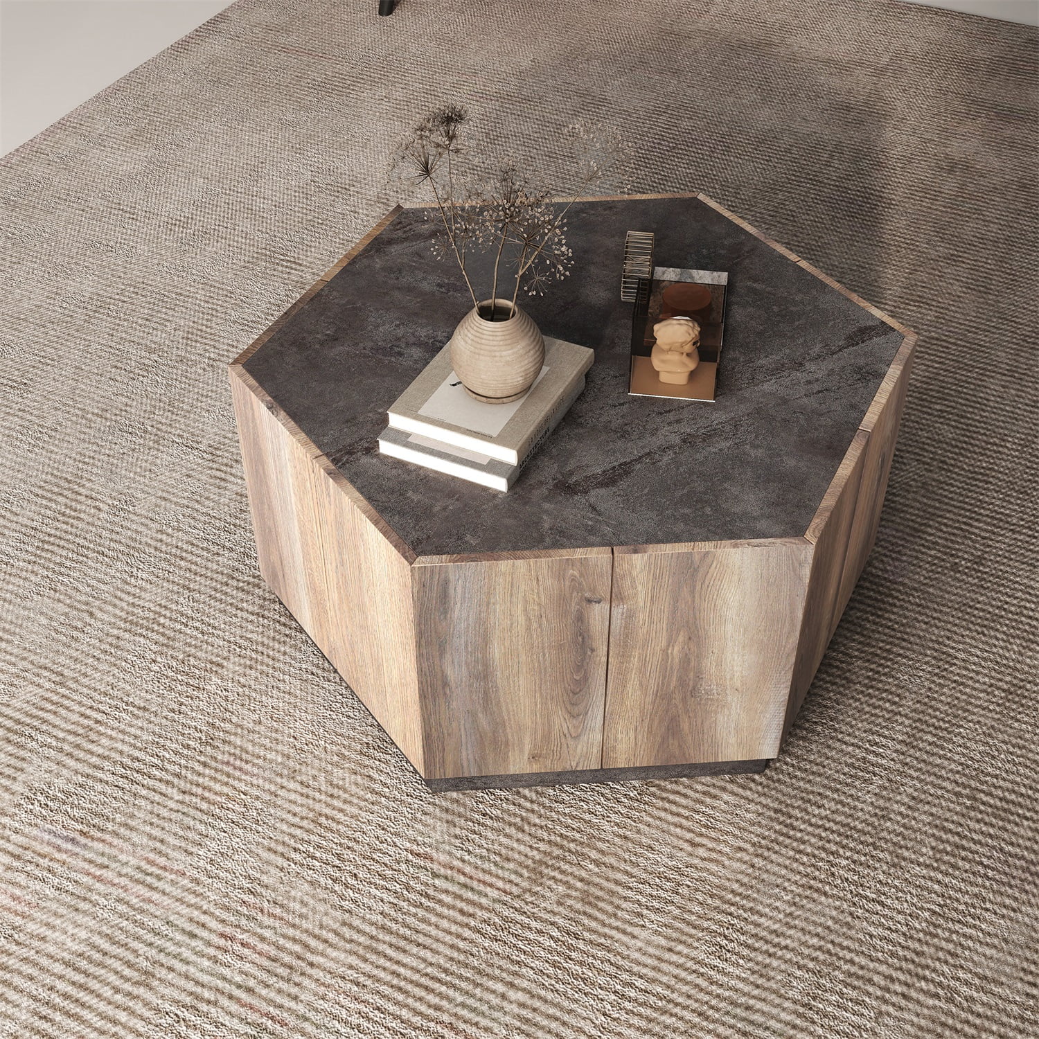 Kadyn Hexagonal Rural Style Retro Coffee Table, Particle Board Coffee Table for Living Room, Modern Particle Board Sofa Side Table with 2 Drawers, Light Brown Kadyn Hexagonal Rural Style Retro Coffee Table, Particle Board Coffee Table for Living Room, Modern Particle Board Sofa Side Table with 2 Drawers, Light Brown
