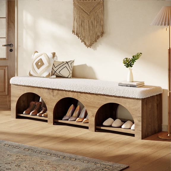 Finmind 63" Upholstered Entryway Bench with Arched Frame, 2-Tier Farmhouse Shoe Bench Ottoman with Shelf, for Bedroom, Hallway, Foyer, Dark Brown