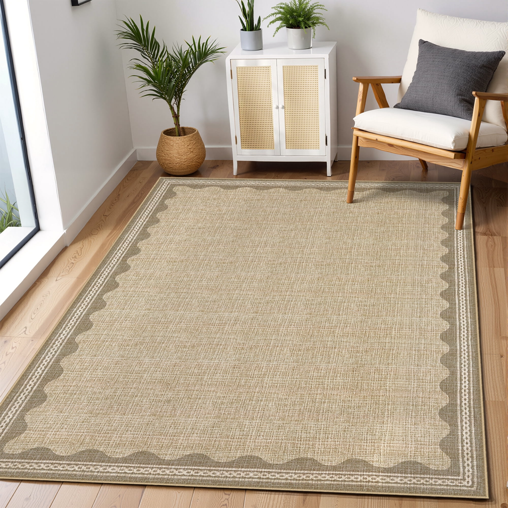 Hasoo Scalloped Washable Area Rug for Living Room Dorm Non Slip Indoor Geometric Bordered Throw Carpet, 4' x 6' Natural