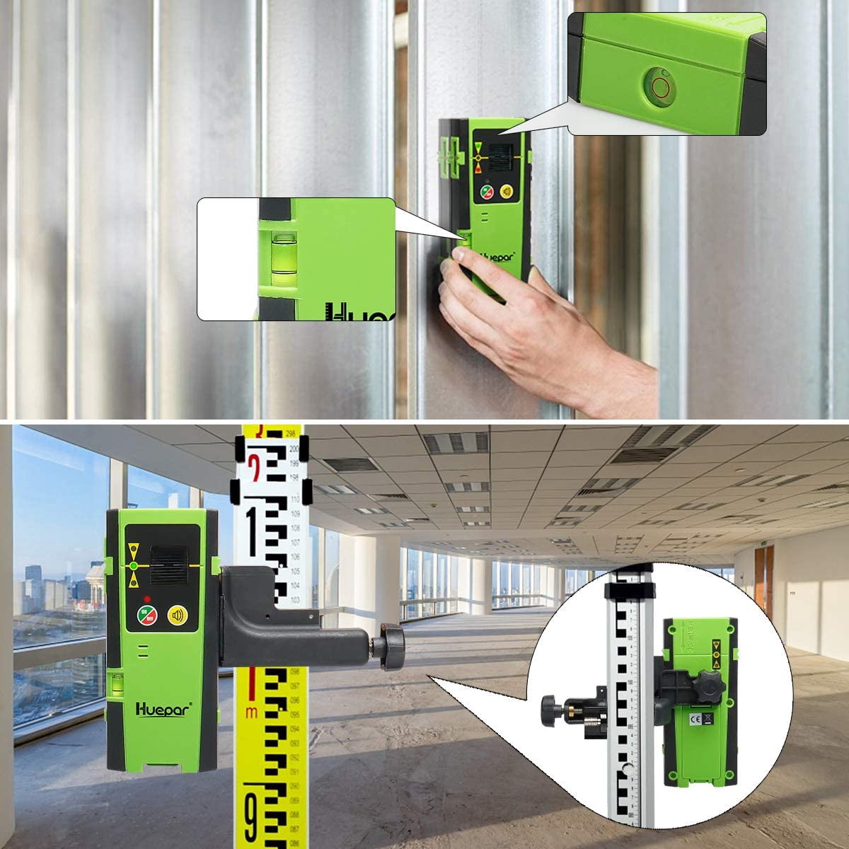 Laser Detector for Laser Level, Digital Laser Receiver Used with Pulsing Line Laser Levels Detect Red and Green Laser Beams with Three Sided LED Displays and Clamp