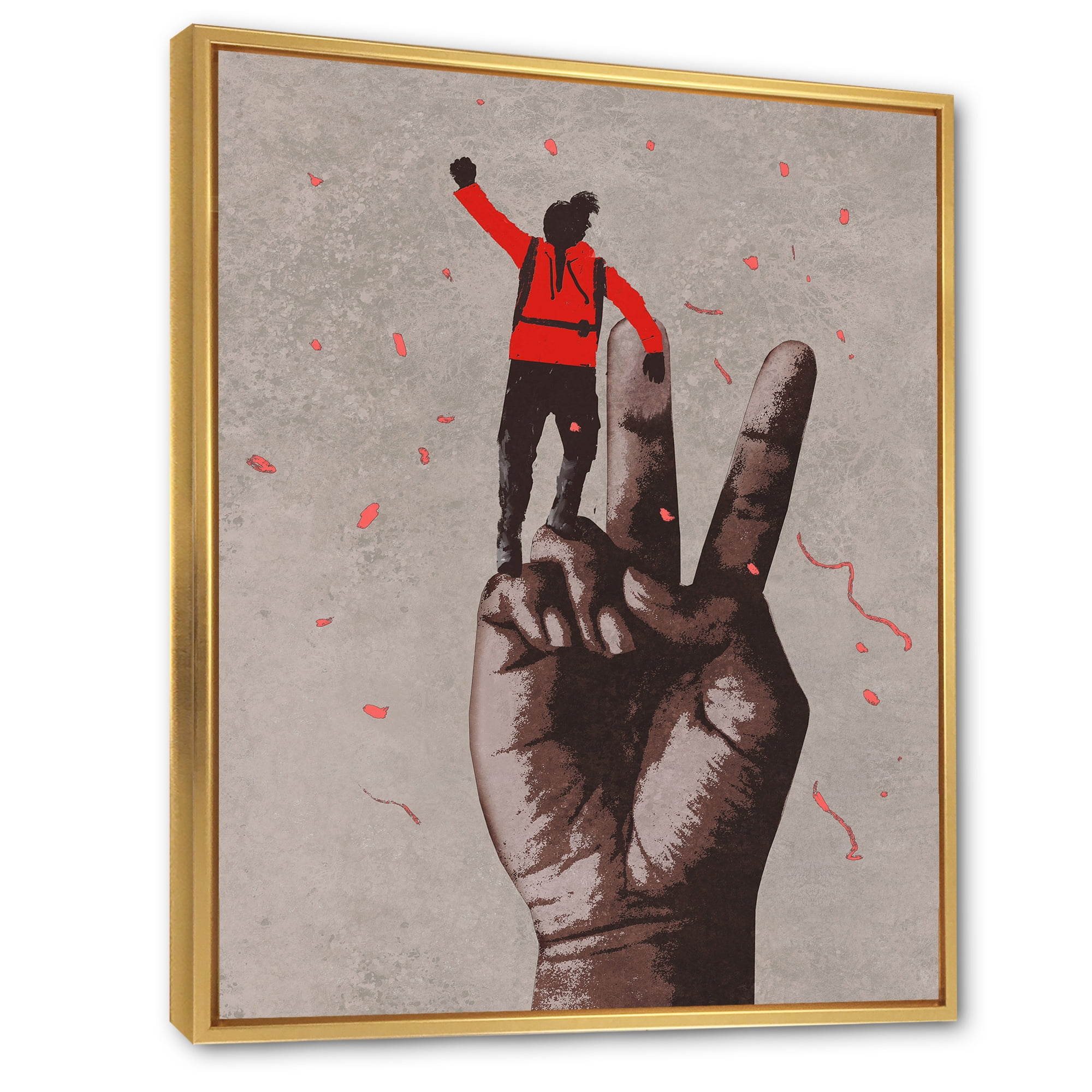 Man With Arm Raised On Victory Sign 24 in x 32 in Framed Painting Canvas Art Print, by Designart