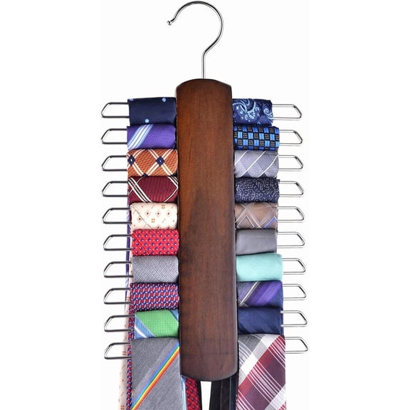 PLERISE Walnut Wood Necktie Belt Hanger with 20 Hooks, Non Slip Finish Center Organizer Storage Rack for Closet, 1 Pack