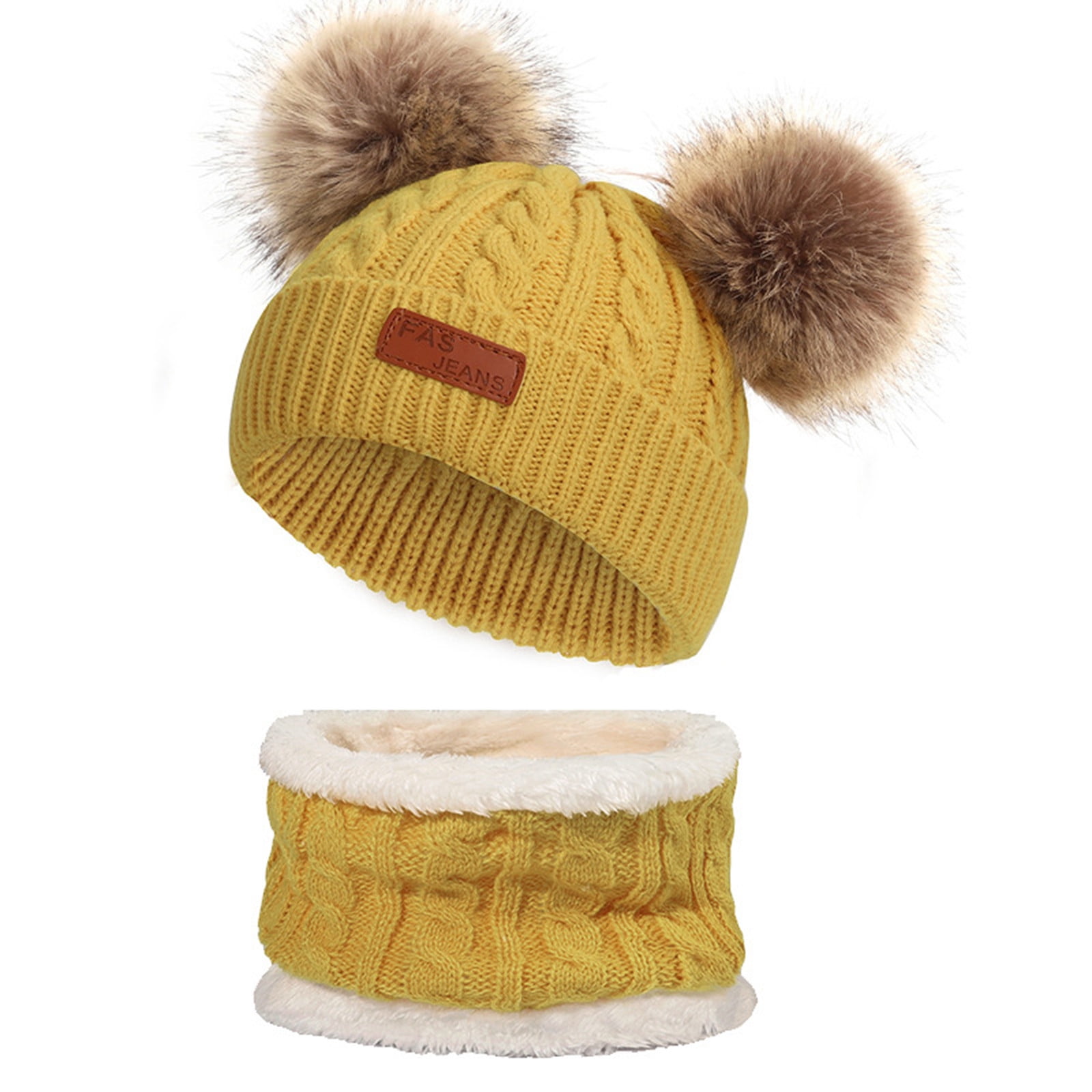 Girl Warm Wool Pom Poms Gloves+Knit Hat Set Winter Women Wool Beanie Hat Thick