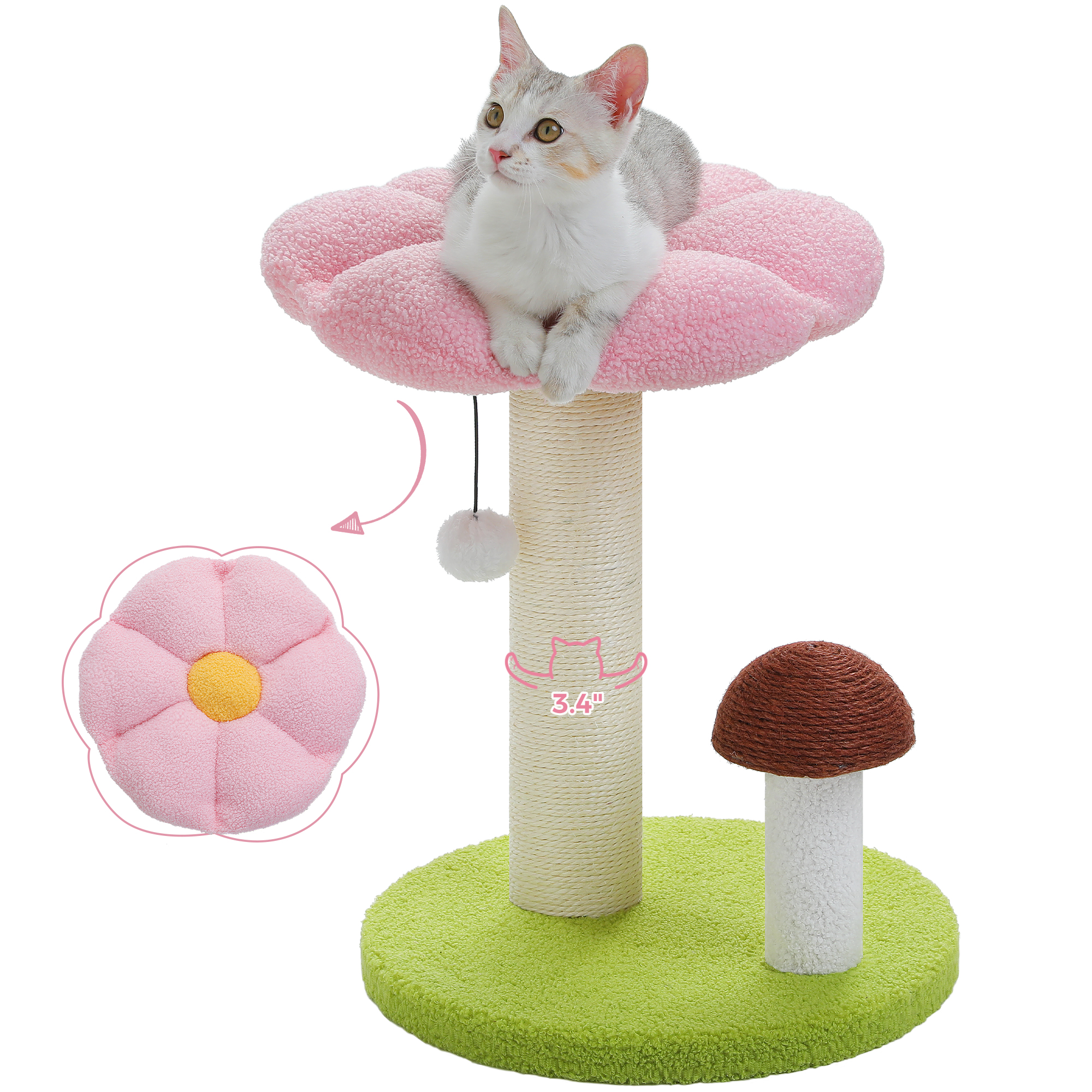 PEQULTI 19.7" Flower Cat Scratch Post, Cat Tree Tower with Removable Perch for Kittens and Small Cats, Pink