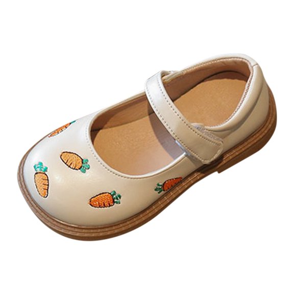 GiLiling Girls Mary Jane Shoes, Girls Flats with Carrot Embroidered Design Hook-and-Loop Strap, Leather Flats with Non-Slip Rubber Sole for Casual and Dress Wear (Beige, 3.5-4 Years)