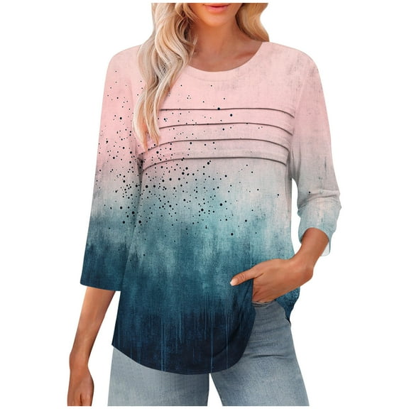 CYMMPU 3/4 Sleeve Crew Neck Blouses for Women Dressy Casual Fall Fashion Shirts T-Shirts Spring Tops Flower Printed Loose Fit Lightweight Basic T-Shirts Navy M