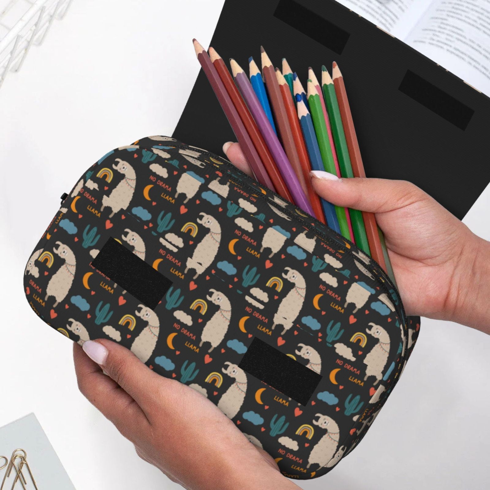 Rateoe Cute Alpaca Pattern Double Clamshell Pen Case, Storage Organizer with Two Zipper Compartments– Holds Up to 50 Pencils & Pens