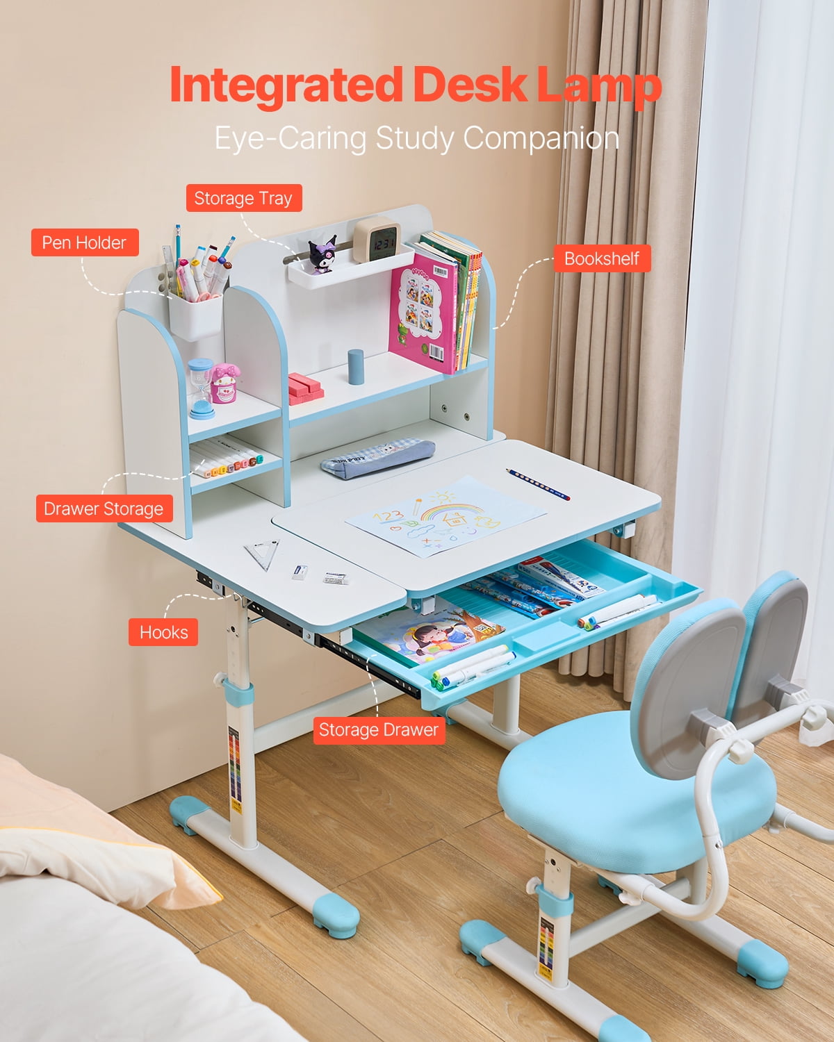 VEVOR Kids Study Chair and Desk Set, Study Desk and Chair for Kids with Bookshelf & Storage Drawer, Adjustable Height & 0-40° Tilted Desktop Desk and Chair, Study Table for Bedroom & Study Room, Blue