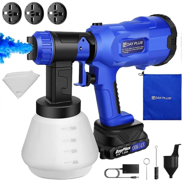 Cordless and battery-powered HVLP airless paint sprayer kit, electric spray gun, wall fence with 1500mAh battery and charger, 4 nozzles / 3 patterns